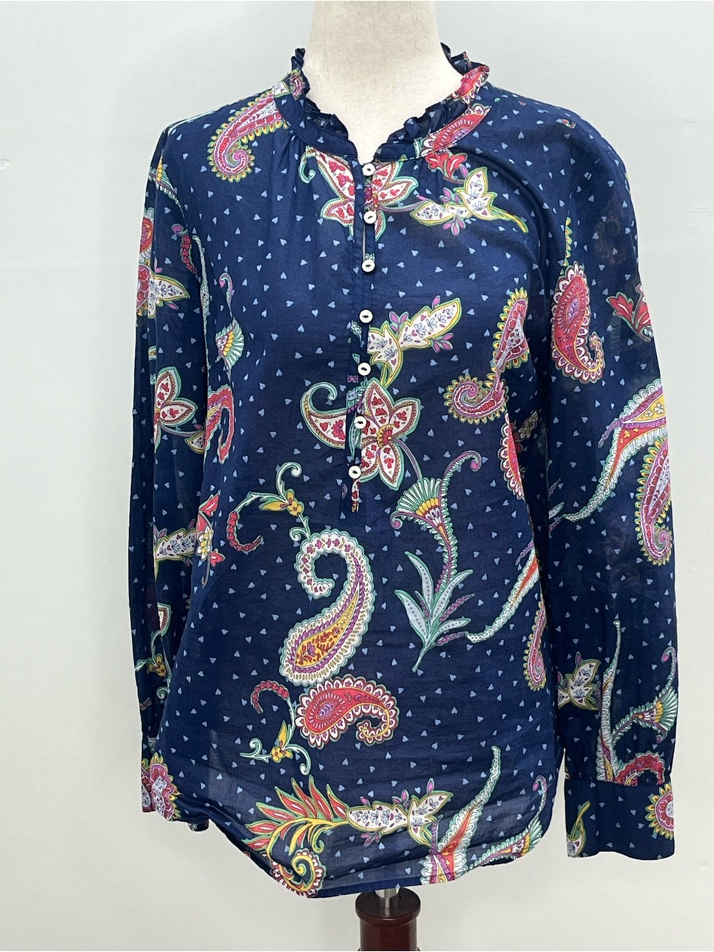 Talbots Blue Paisley Heart Print Ruffle Neck Long Sleeve Cotton Blouse Top Small